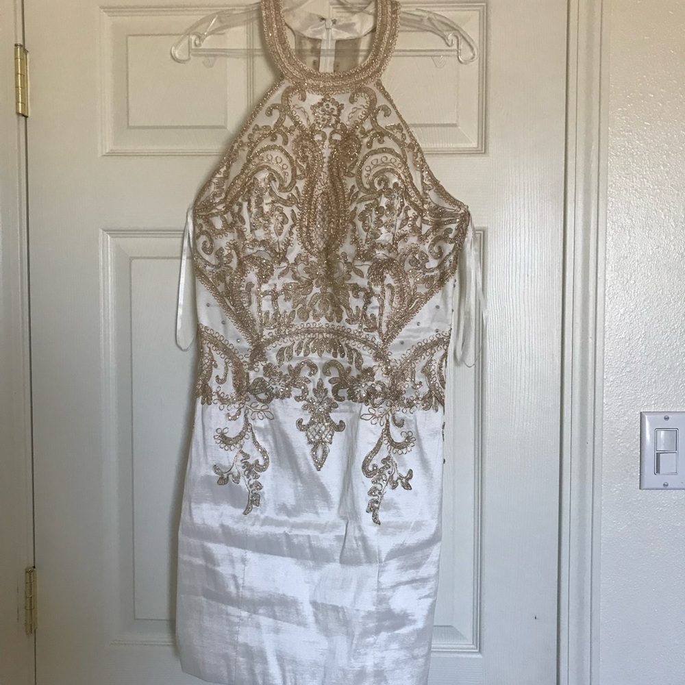 May Queen off white and gold mid dress